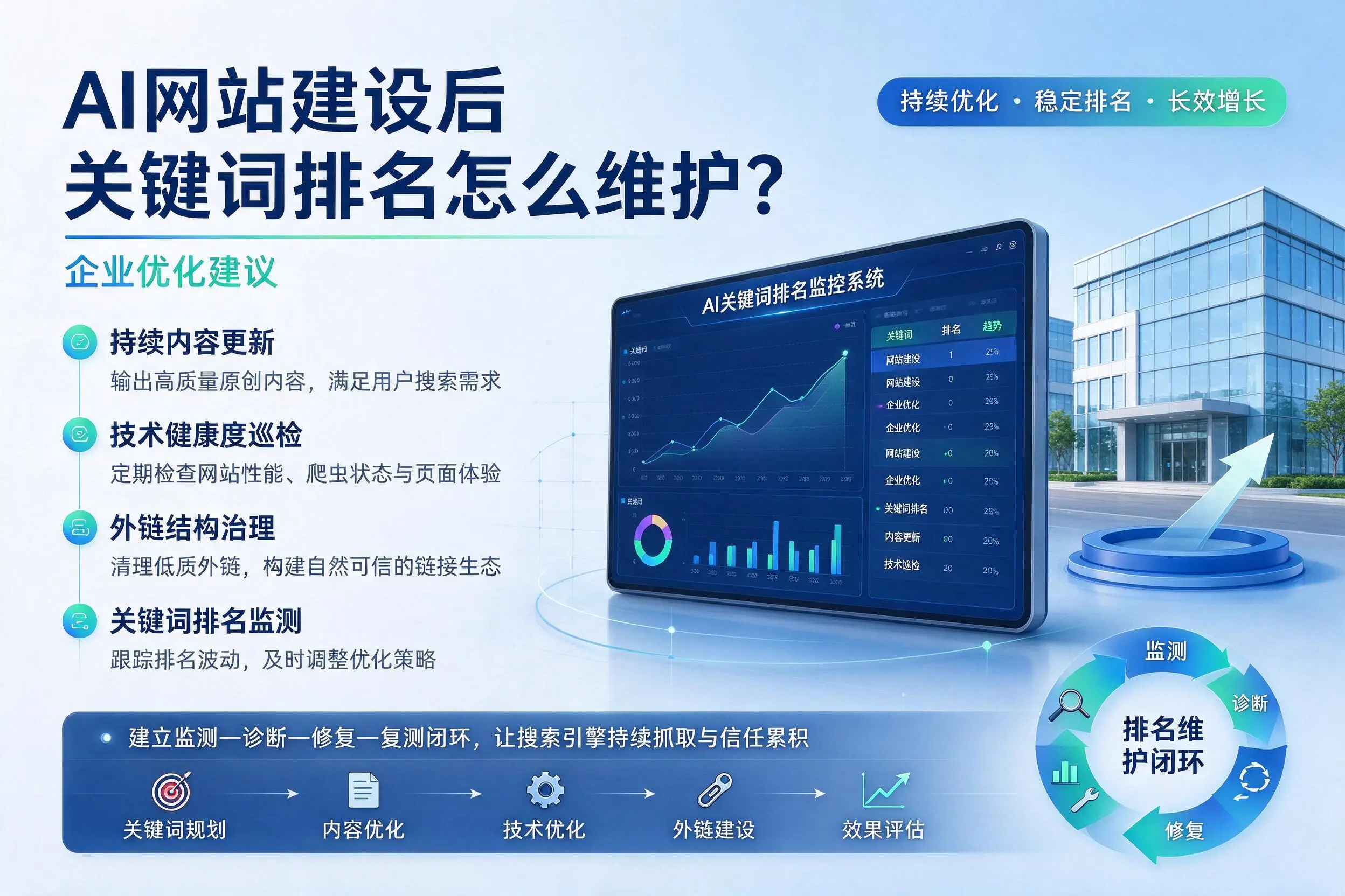AI网站建设后关键词排名怎么维护?茂名企业优化建议