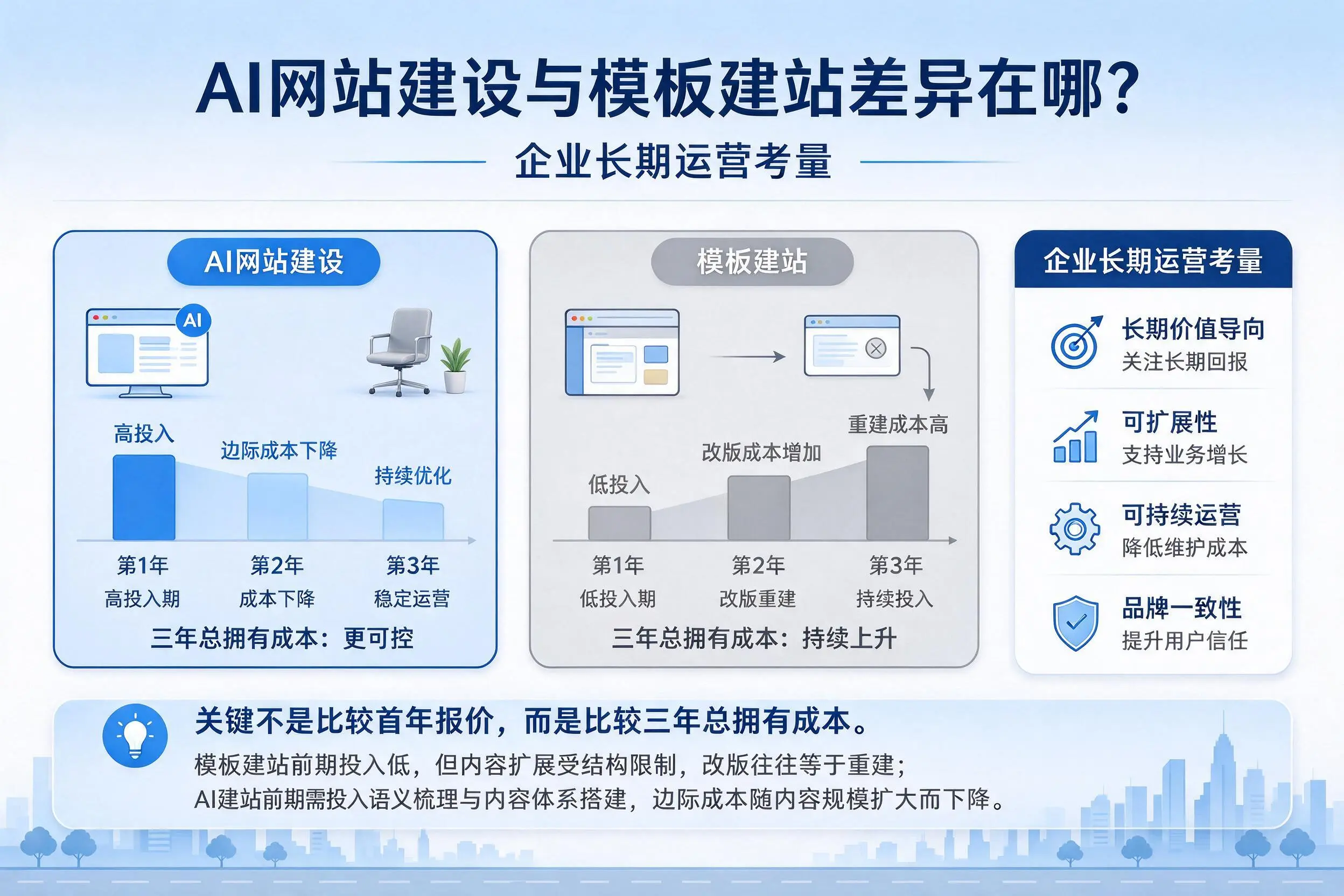 AI网站建设与模板建站差异在哪？茂名企业长期运营考量